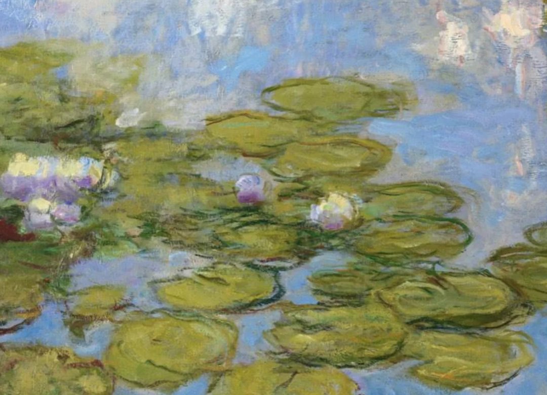 Impressionist oil painting of water lilies on a pond