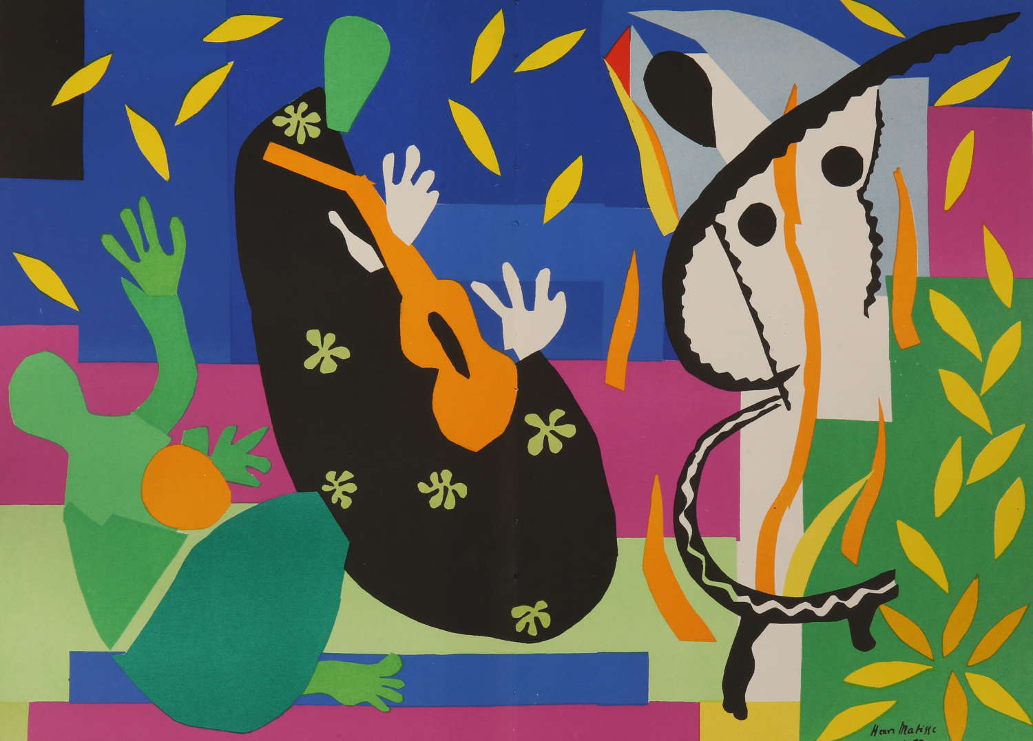 A Matisse cut-out composition in colour lithograph: a black guitar player, a dancing figure and yellow leaves on blue, pink and green grounds