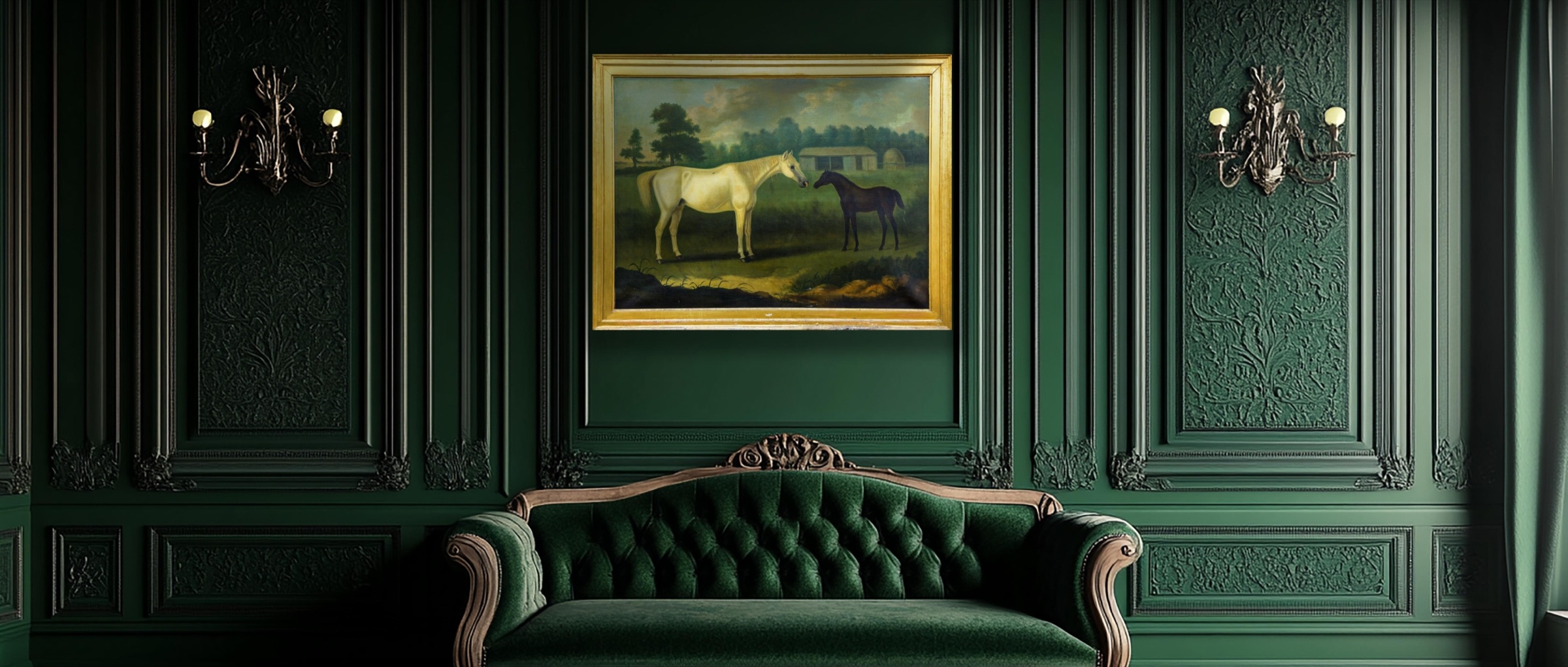 Period equestrian oil painting in a gilt frame on panelled wall